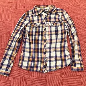 Matix Women's med. Plaid flannel Button Down Shirt - Blue, Yellow, cream & pink